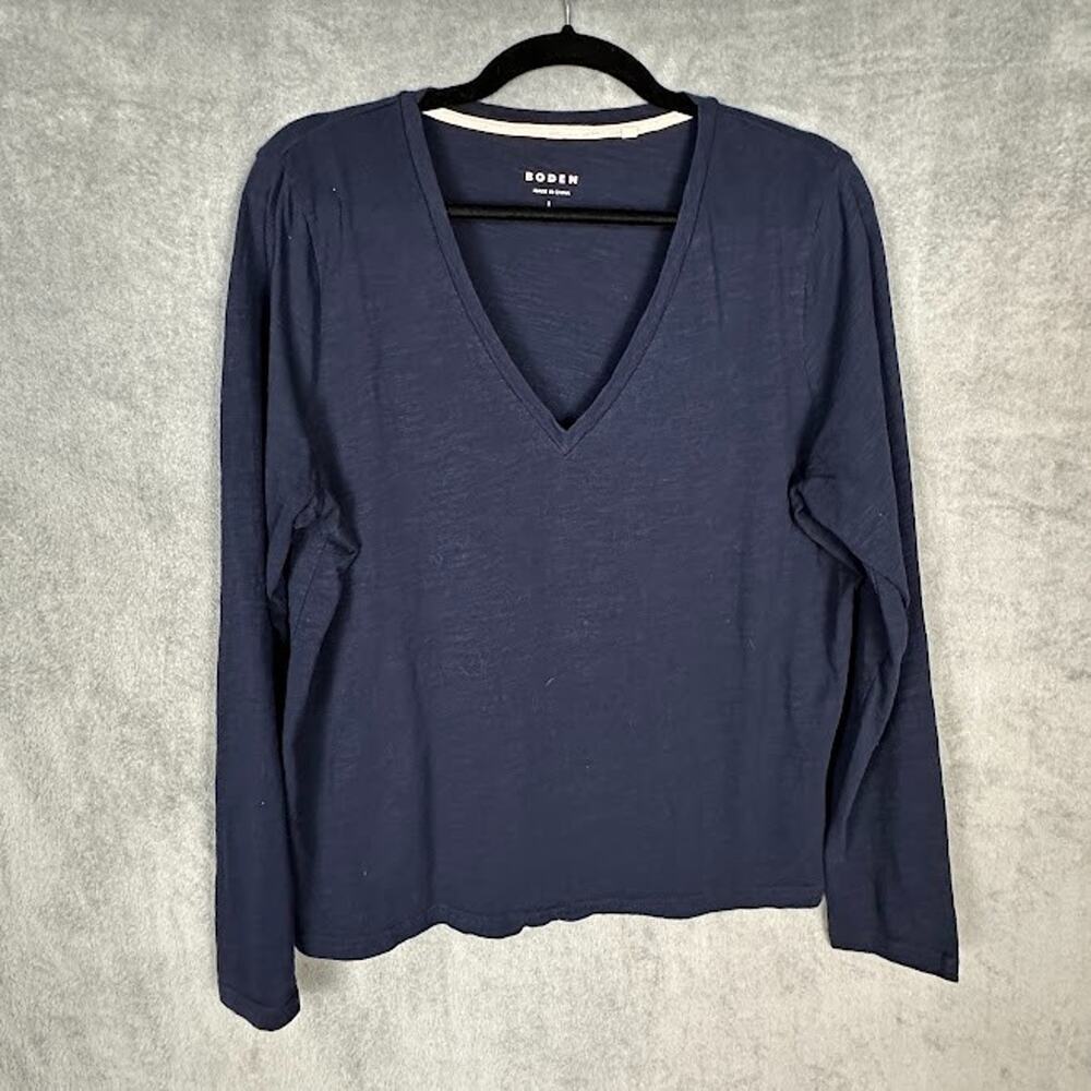 Boden Top Womens Large Navy Long Sleeve V Neck Preppy Minimalist Neutral Stretch